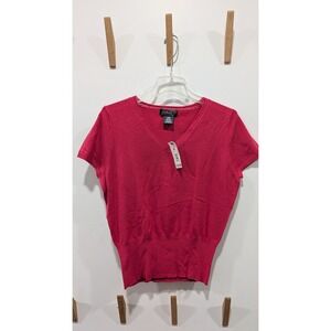 George ME Mark Eisen Vintage Y2K Rose Peony Pink V-Neck Short Sleeve Sweater L
